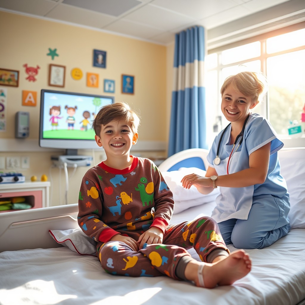A scene inside a children's hospital room, featuring a young boy aged 10 sitting on a hospital bed, dressed in colorful pajamas with a friendly smile