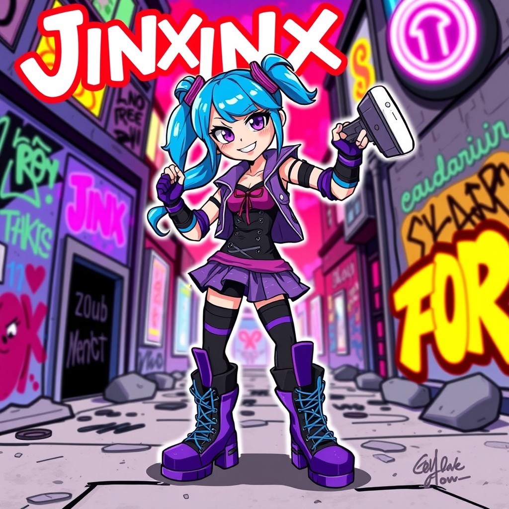 A dynamic and colorful illustration of a character named Jinx, featuring a mischievous girl with bright blue hair styled in pigtails