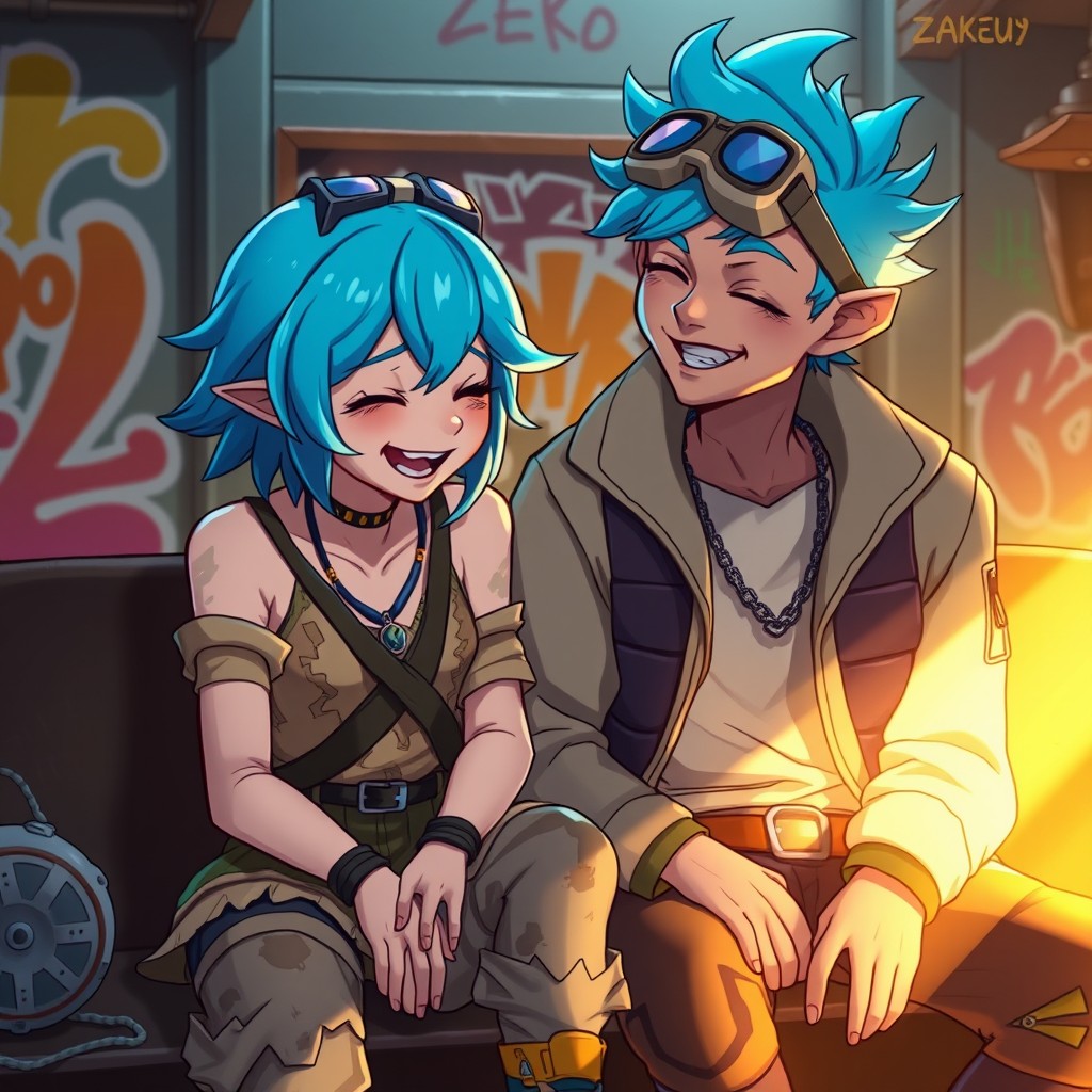 An emotional scene featuring Powder and Ekko sitting together, conveying a sense of camaraderie and nostalgia
