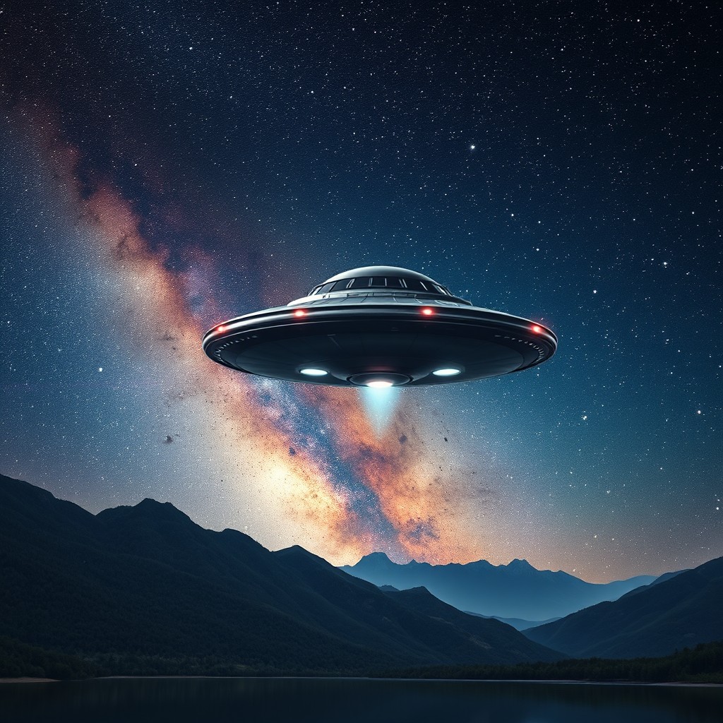 A mysterious UFO hovering in a vibrant, starry night sky filled with galaxies and nebulae