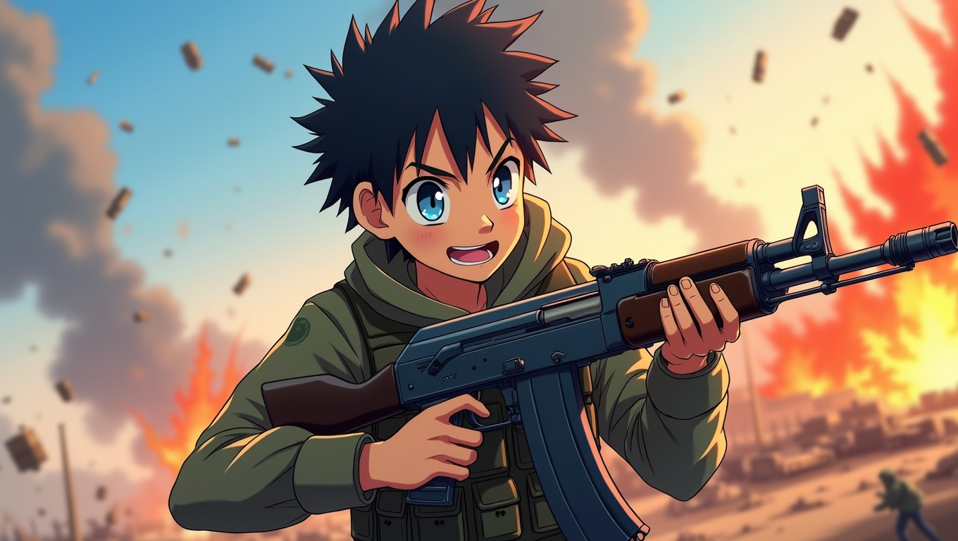 A vivid illustration of an anime boy holding a Kalashnikov rifle