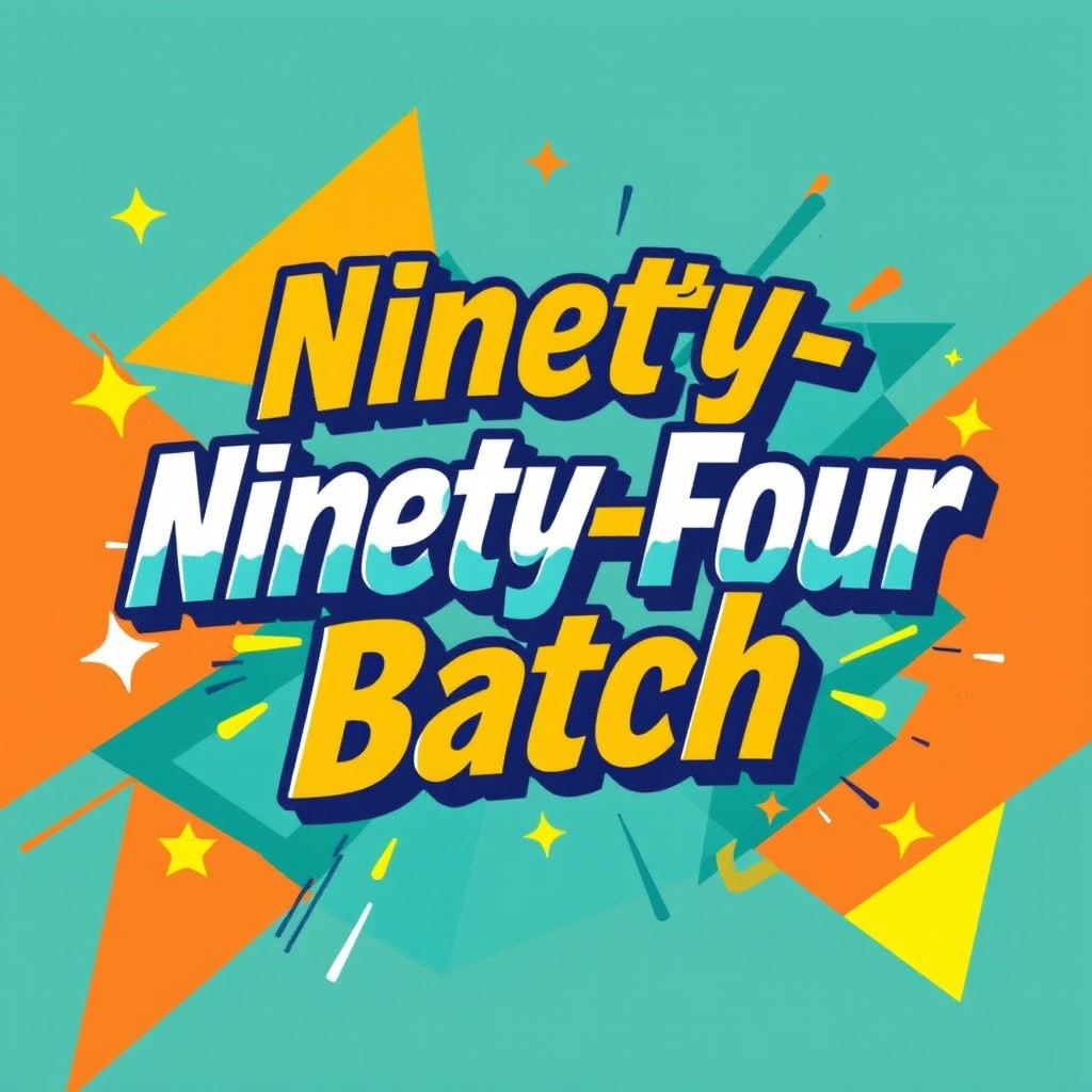 A vibrant and eye-catching T-shirt design featuring bold typography that reads 'Ninety-Four Batch'