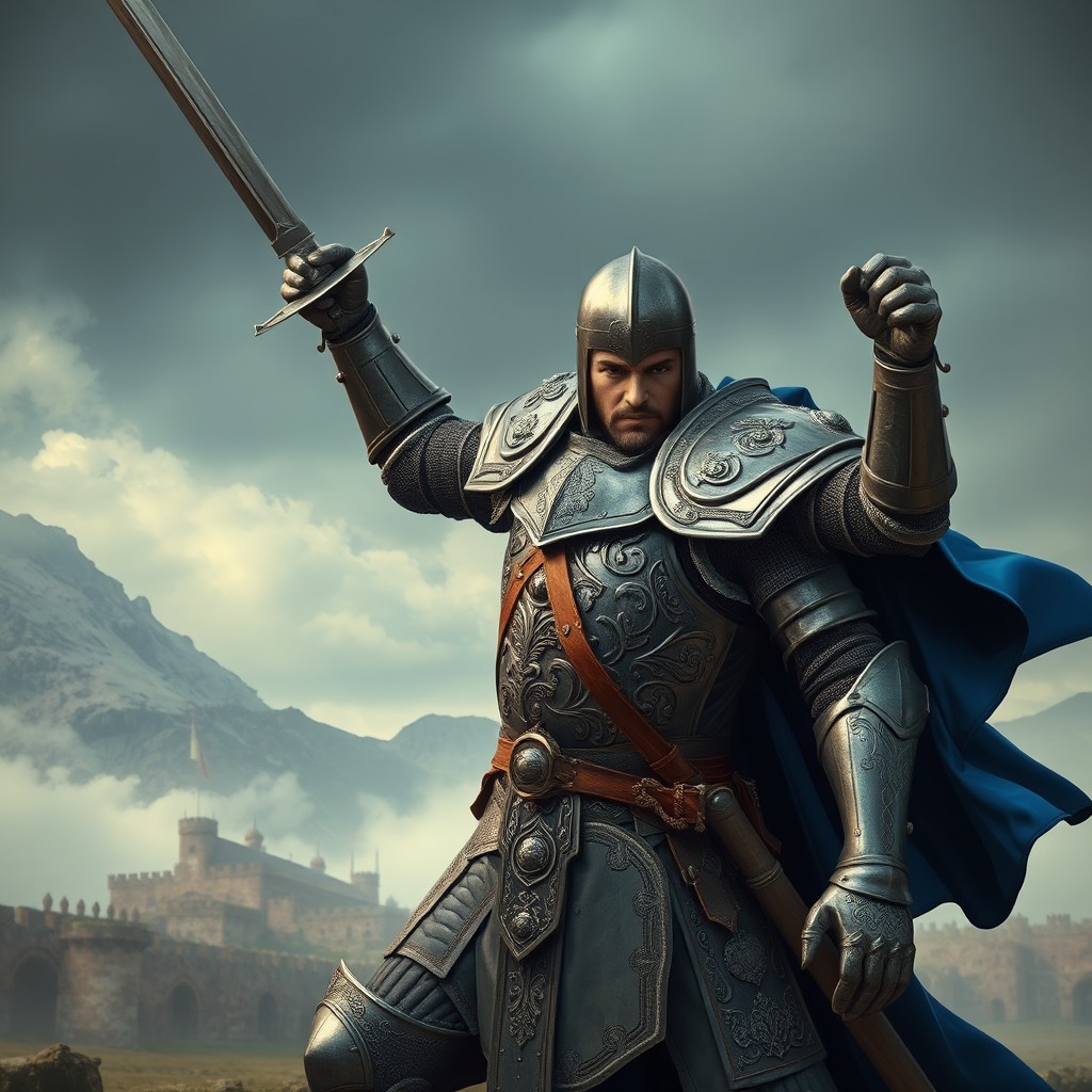 A fierce medieval fighter clad in intricate armor, wielding a gleaming sword raised high in battle-ready stance