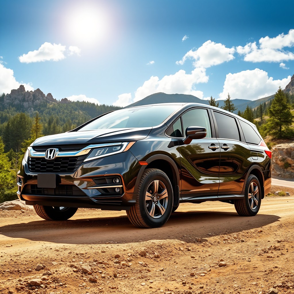 A shiny Honda Odyssey 4x4, showcasing its sleek and modern design, parked on a scenic mountain road