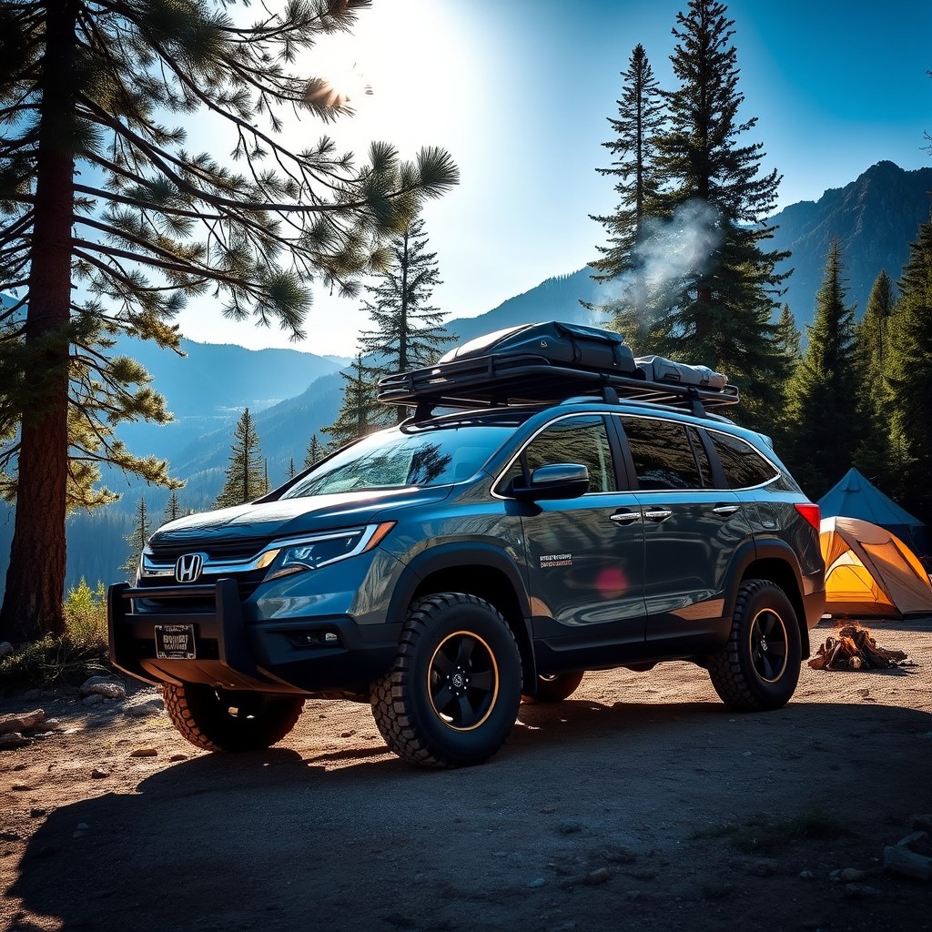 A rugged Honda Odyssey overland 4x4, customized for adventure, parked on a picturesque overland trail