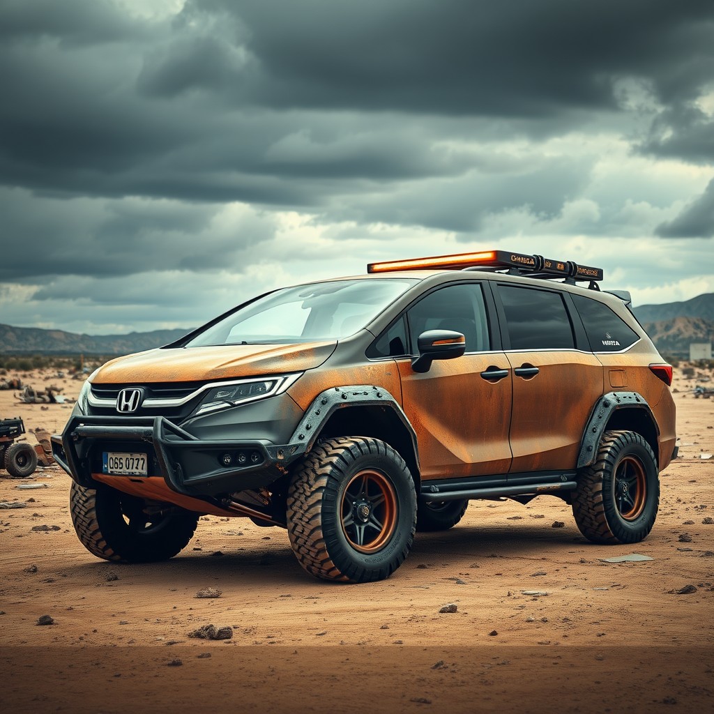 A Honda Odyssey transformed into a Mad Max-style 4x4 vehicle, featuring an aggressive and rugged exterior with custom modifications such as oversized off-road tires, a raised suspension, and an armored body