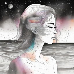 A drawing of a side face women in a sunset at the beach and a background with colliding galaxies from colors to back and white