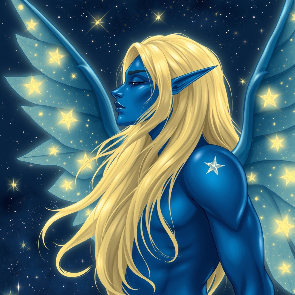 A blue aasimar character with shimmering dark blue to light yellow starry wings that appear ethereal and magical