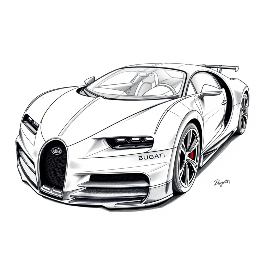 a detailed sketch of a Bugatti sports car, showcasing its sleek design, dynamic curves, and luxurious features, emphasizing the iconic front grille and aerodynamic shape, captured from a slightly low angle to highlight its power and elegance, with shading to create depth and realism