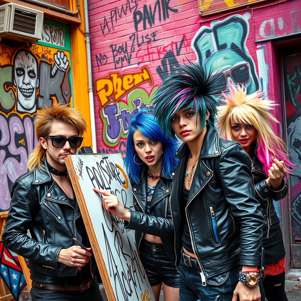 A vibrant and edgy art scene inspired by punk culture, featuring bold colors, graffiti-style street art, and iconic punk fashion elements