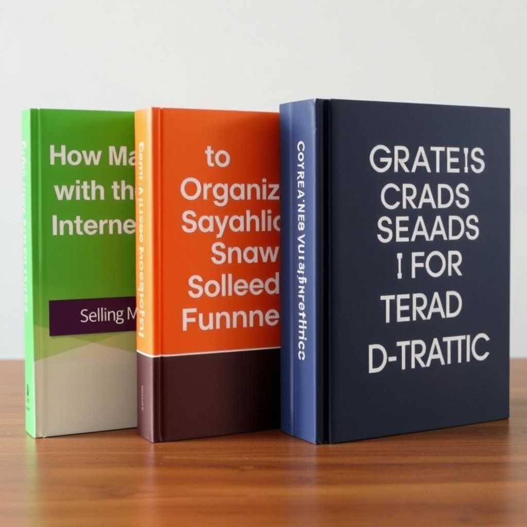 Three books aligned horizontally on a wooden table, the first book on the left has a green cover with the title 'How to Make Money with the Internet Selling Ebooks' in white letters