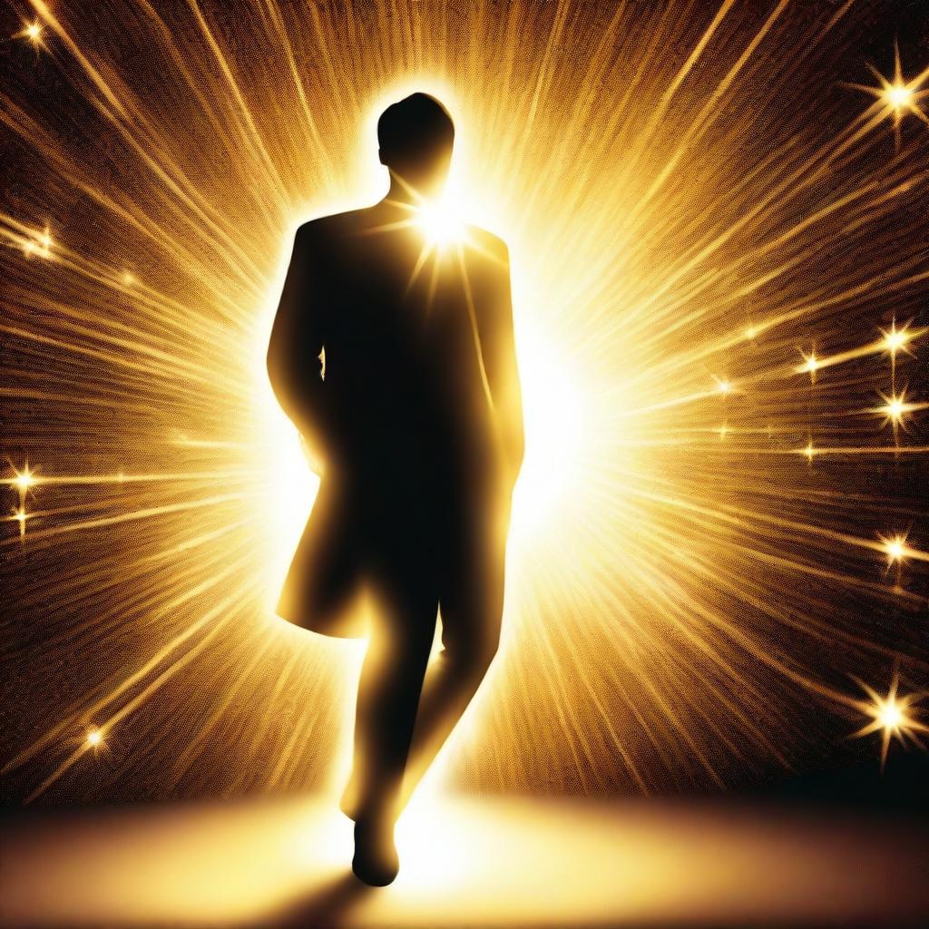 A man stepping out from a brilliant, shining star representing hope. Encircling him is an aura of golden light, his face calm yet confident, eyes burning with determination.