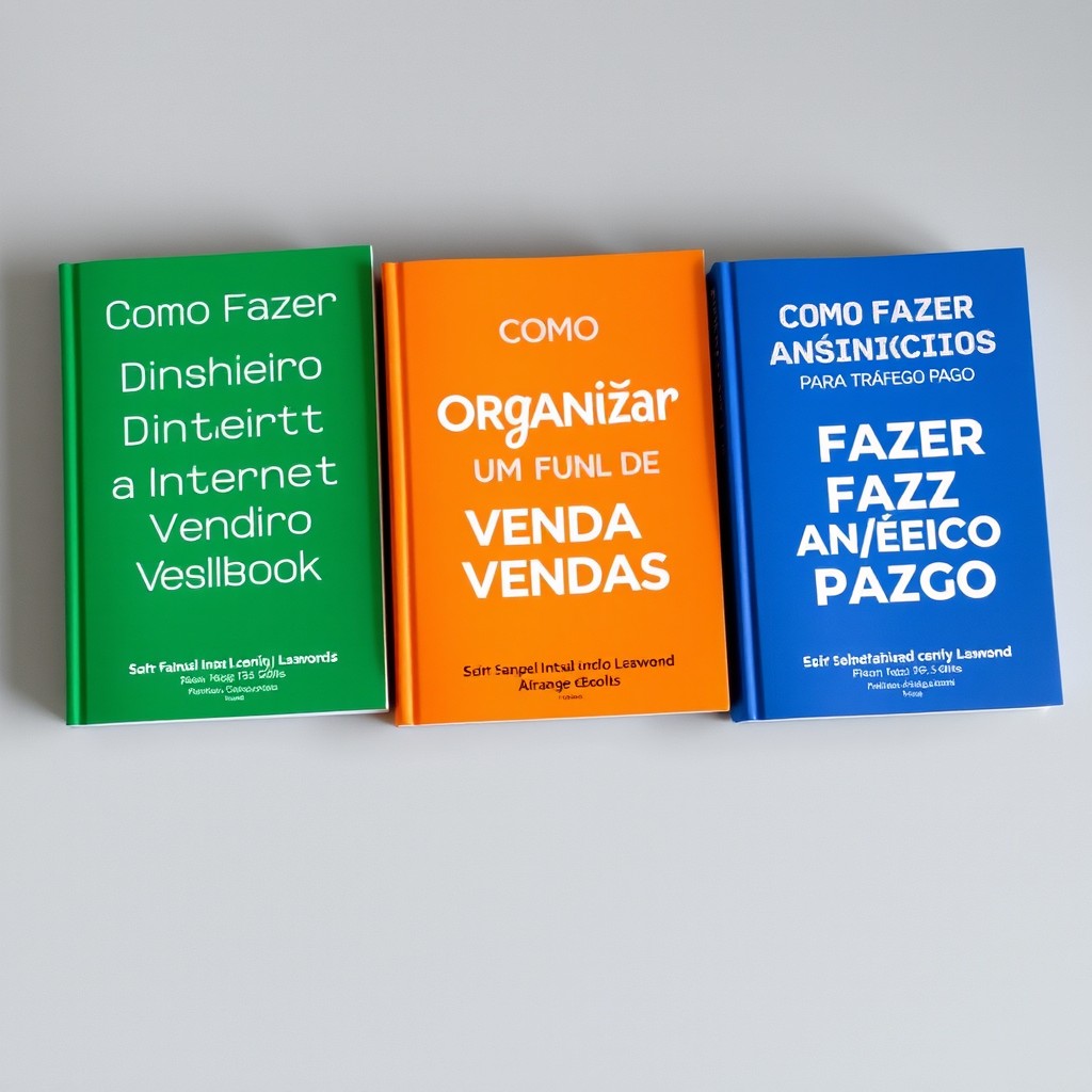 Três livros alinhados horizontalmente sobre uma mesa, o primeiro livro à esquerda tem capa verde com o título 'Como Fazer Dinheiro com a Internet Vendendo Ebooks' em letras brancas