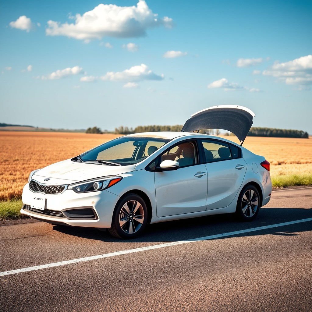 A white 2014 Kia Forte sedan with the hood open, parked on the shoulder of a deserted highway during daytime