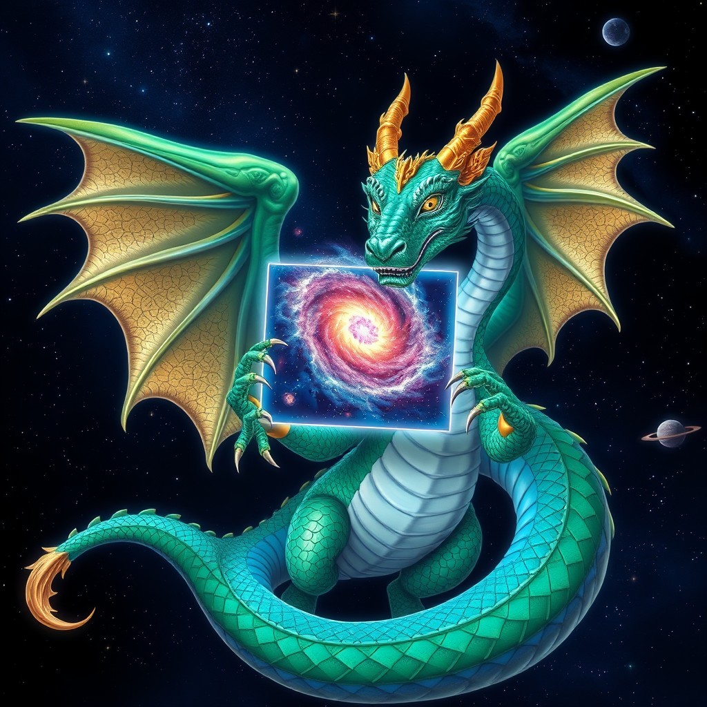 A majestic dragon displaying a holographic image in its claws, set against a starry outer space background