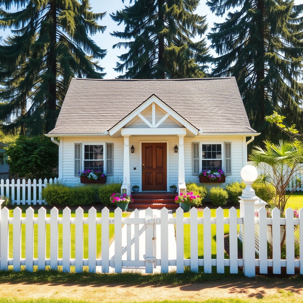 A serene and inviting home surrounded by a picturesque garden, featuring a charming white picket fence and a well-kept lawn