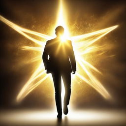 A man stepping out from a brilliant, shining star representing hope. Encircling him is an aura of golden light, his face calm yet confident, eyes burning with determination.