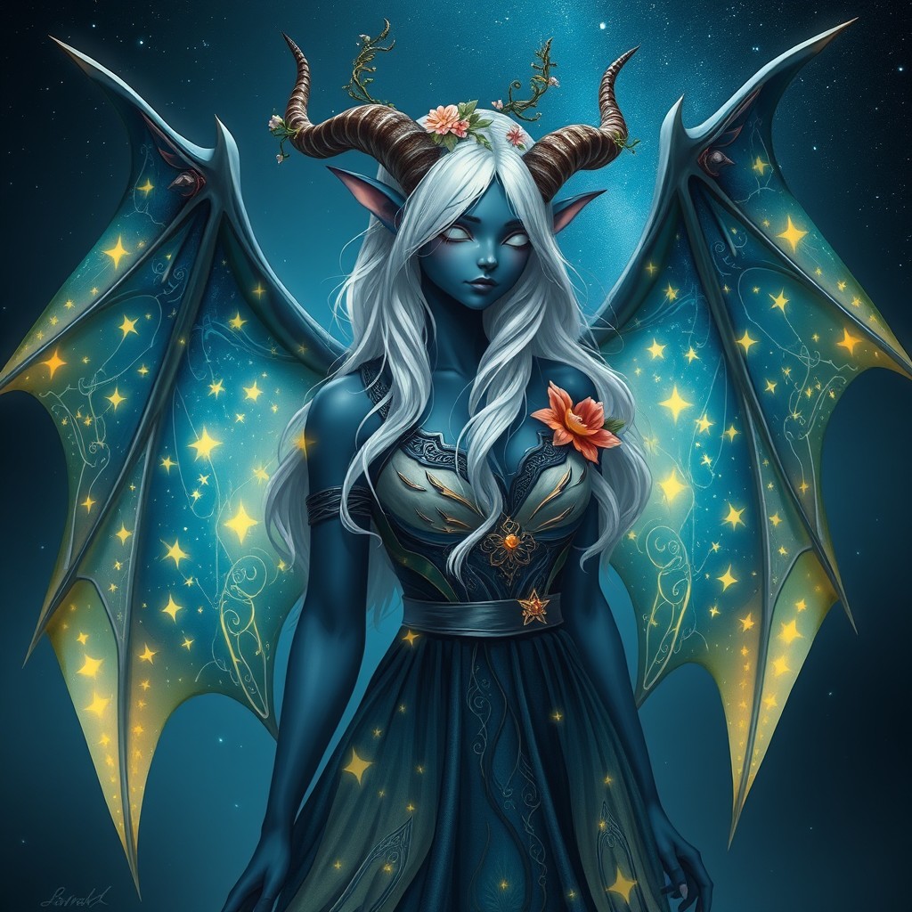A dark blue aasimar with dark blue to light yellow starry bat wings, elegantly spread out