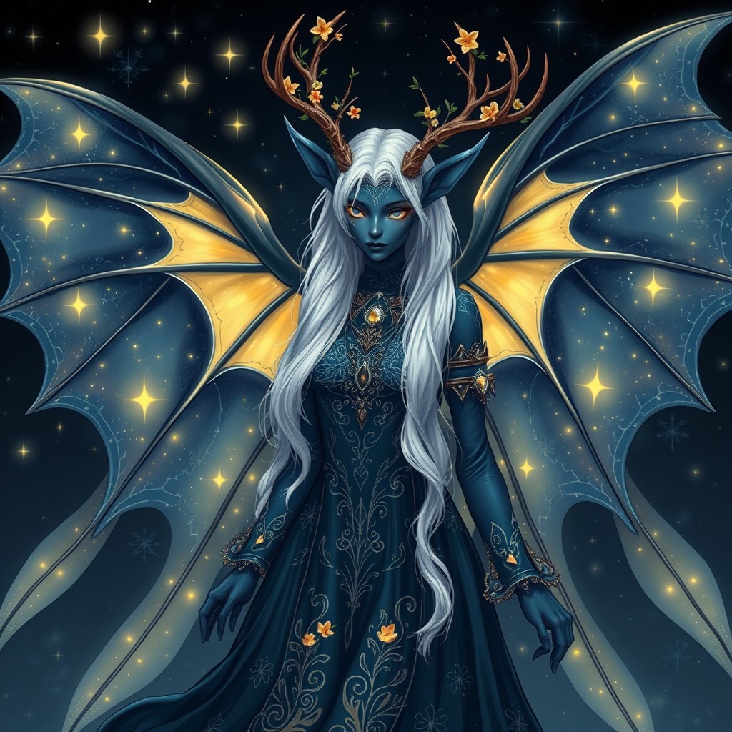A dark blue aasimar with dark blue to light yellow starry bat wings, elegantly spread out