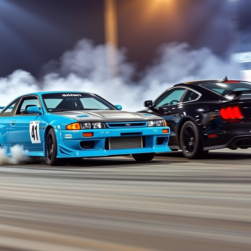 A dynamic scene featuring a light blue Nissan Silvia S13 equipped with an eye-catching Rocket Bunny body kit, skillfully drifting against a sleek black 1989 Mustang GT