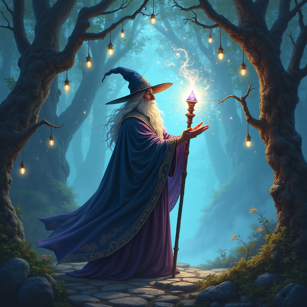 A powerful wizard standing in a mystical forest, casting a spell
