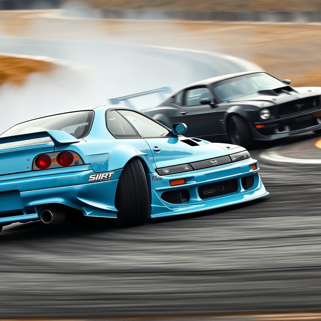 A dynamic scene featuring a light blue Nissan Silvia S13 with a Rocket Bunny body kit aggressively drifting on a winding track, with a black 1989 Mustang GT racing closely beside it