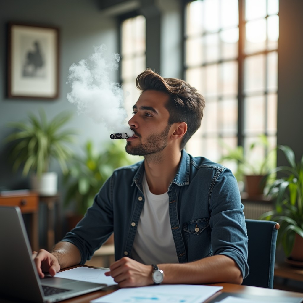 A person smoking a vape in a modern office setting
