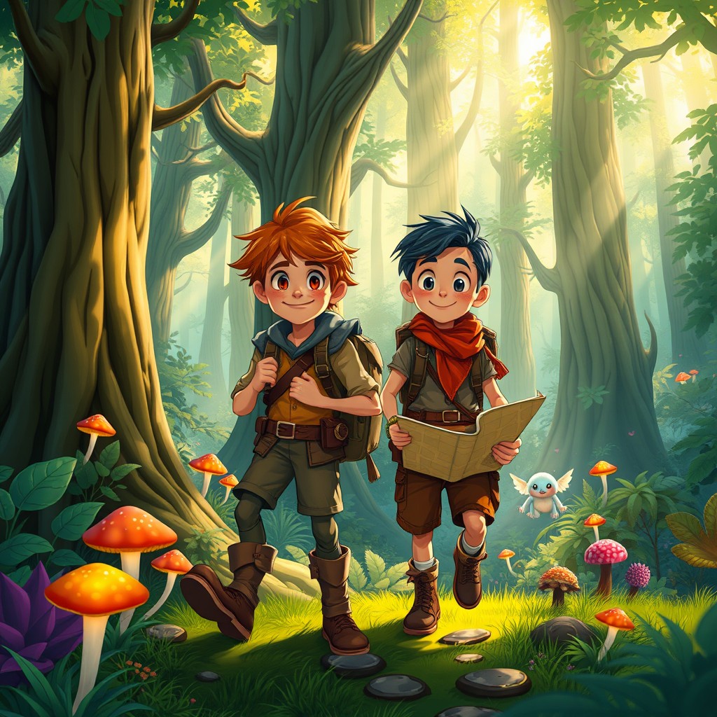 A magical scene depicting two adventurers, Ben and Sammy, embarking on an epic journey through the enchanted forest
