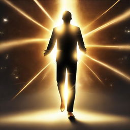 A man stepping out from a brilliant, shining star representing hope. Encircling him is an aura of golden light, his face calm yet confident, eyes burning with determination.