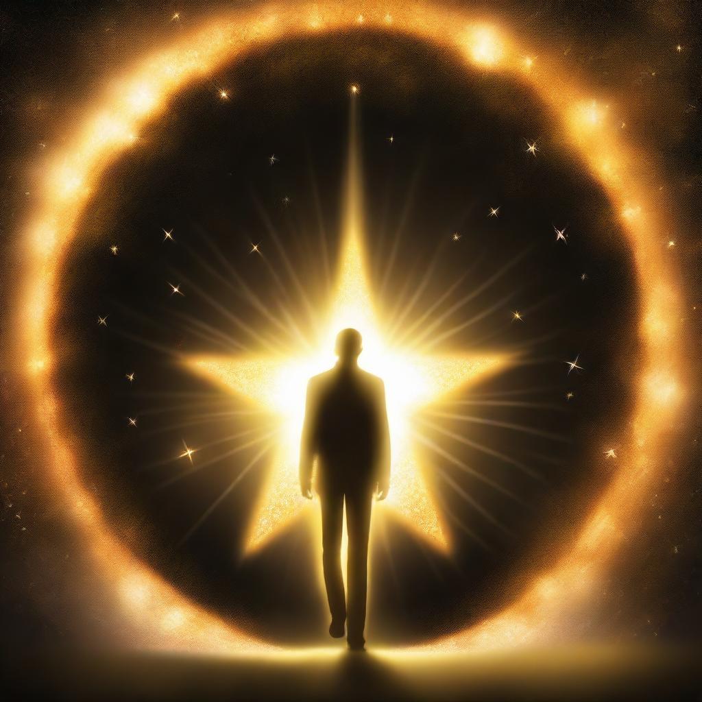 A man stepping out from a brilliant, shining star representing hope. Encircling him is an aura of golden light, his face calm yet confident, eyes burning with determination.