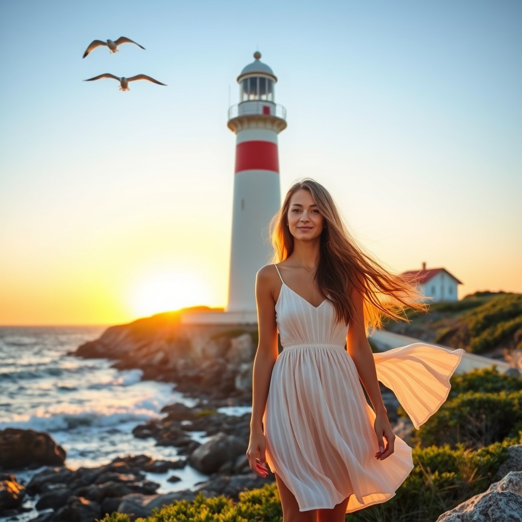 A young woman standing in front of a picturesque lighthouse surrounded by a serene coastal landscape
