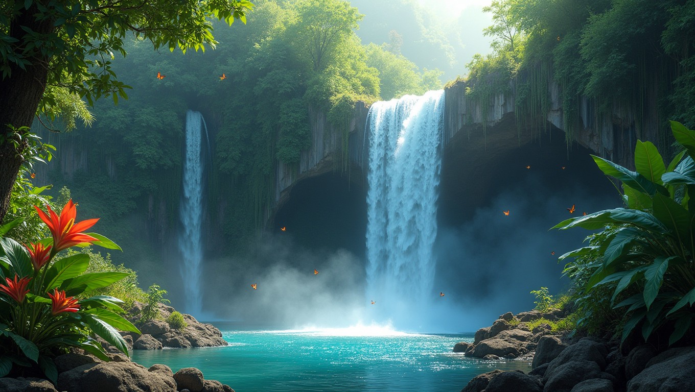 A stunning waterfall cascading down rocky cliffs, surrounded by a lush, vibrant jungle filled with various shades of green foliage