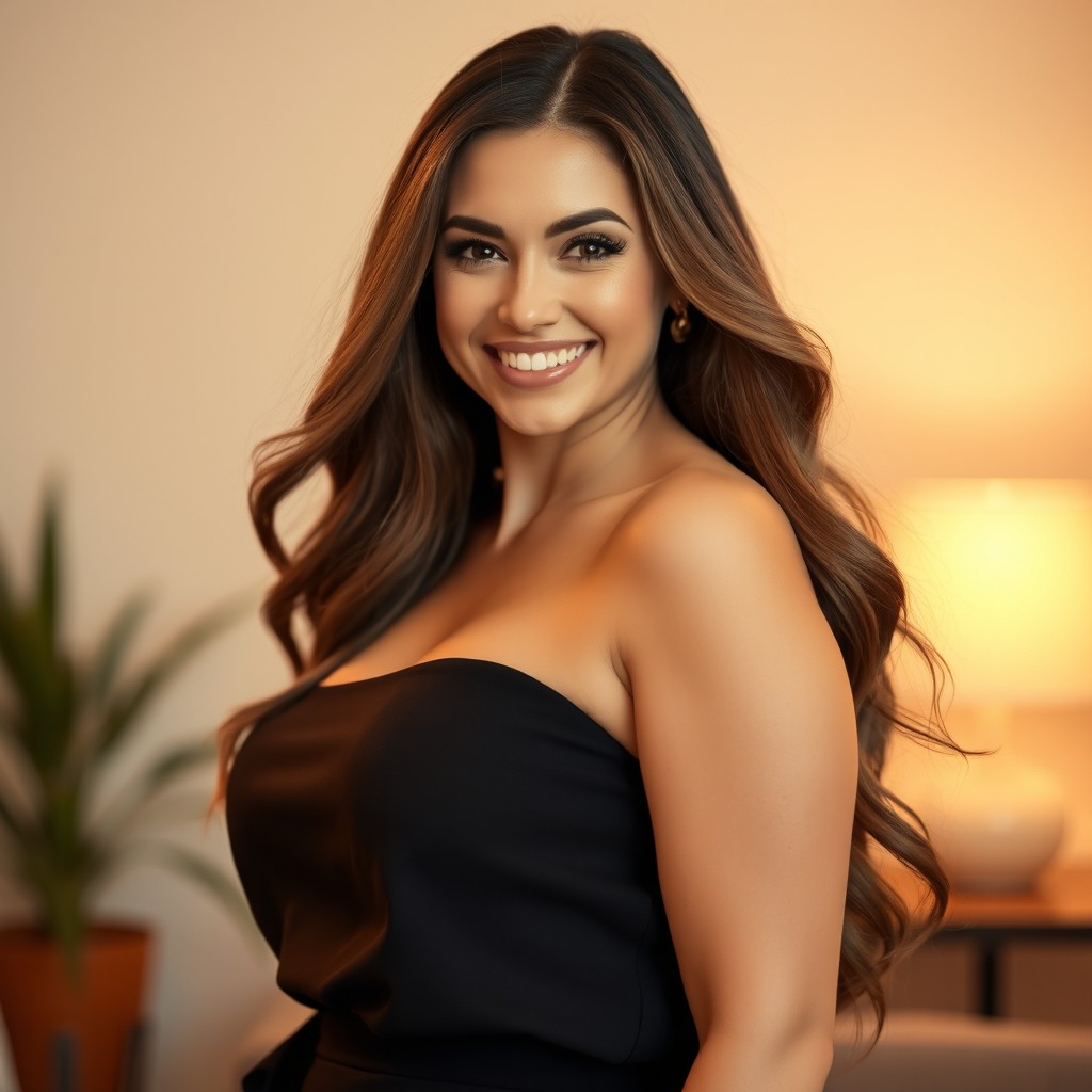 A beautiful 30-year-old woman with a curvy figure, exuding confidence and charm