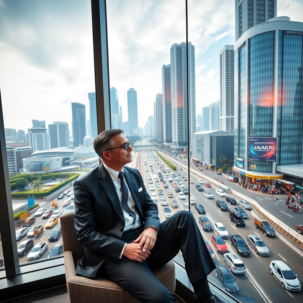 A wealthy businessman sitting in a modern office on the 25th floor of a skyscraper in Jakarta, looking out the large window at the vibrant cityscape