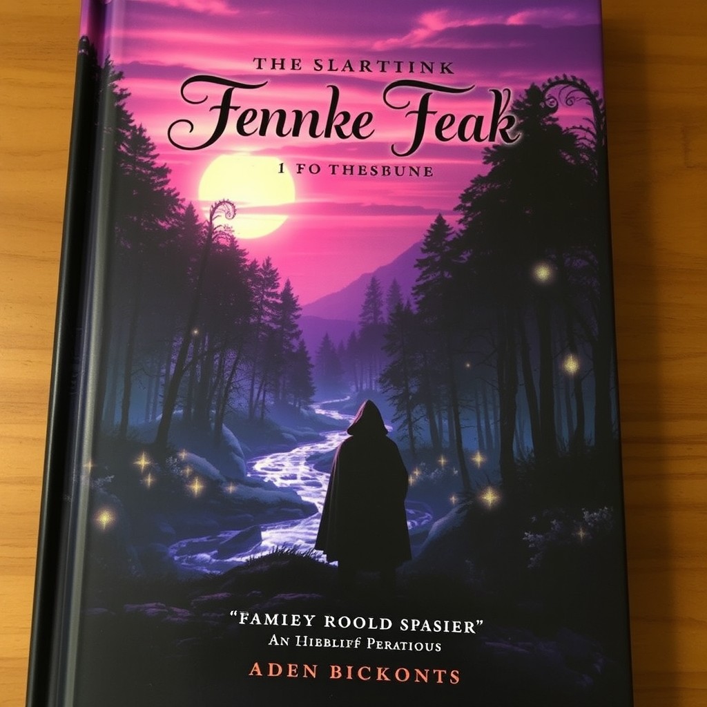 A captivating book cover featuring a mystical forest at twilight, with glowing trees and a shimmering river flowing through