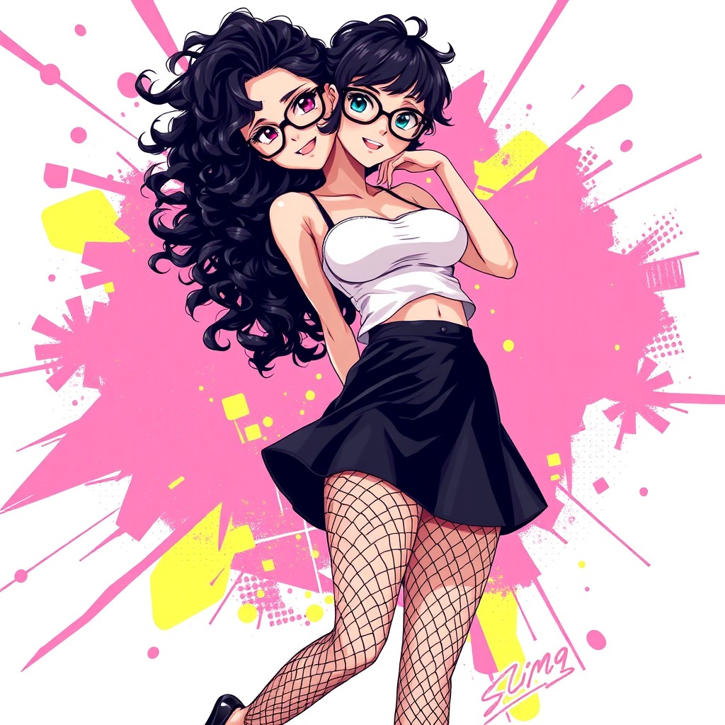 An anime-style illustration of a young woman, 19 years old, wearing stylish black round glasses and having vibrant black curly hair