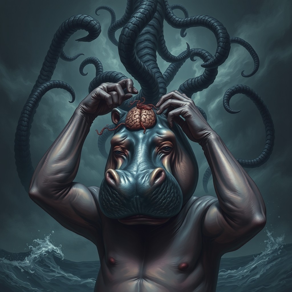 A dramatic scene featuring a humanoid figure with a hippo head, holding their head in agony as shadowy, sinister tentacles descend from a dark and ominous sky