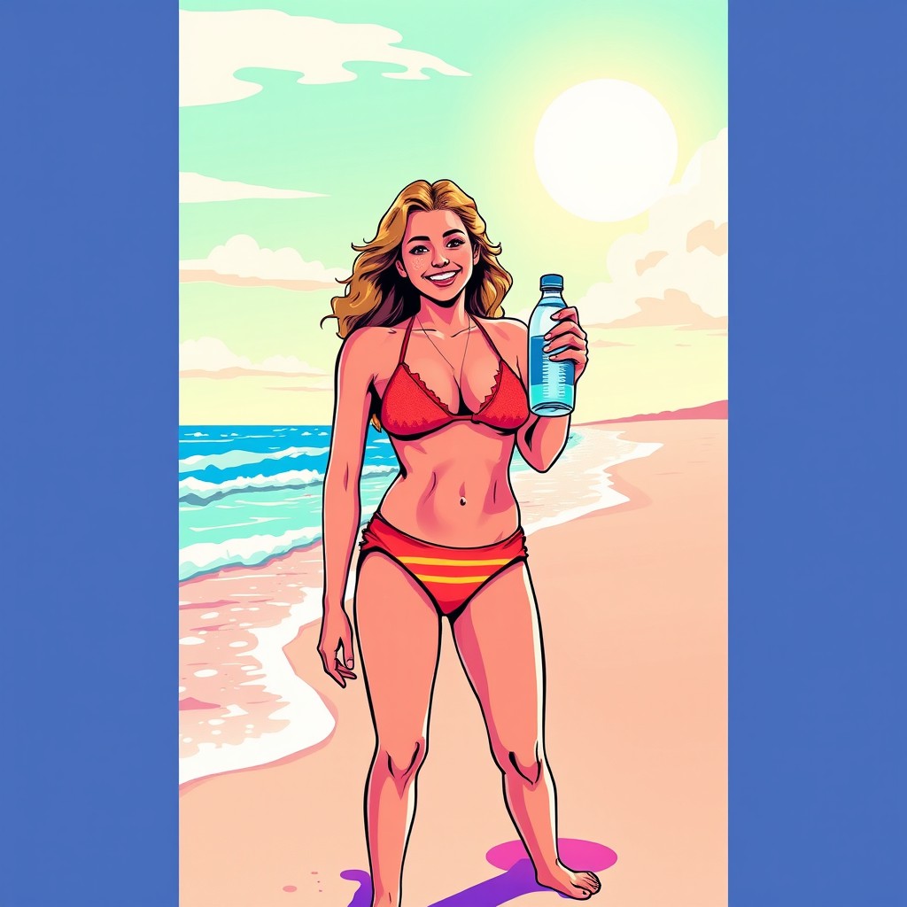 A vibrant 1980s retro poster style illustration of a person standing on the beach, holding a bottle of water