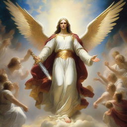 The divine figure of God, descending from the heavenly skies amidst a host of angels. They’re illuminated in ethereal light, arrayed for battle with gleaming armor and swords of pure energy.