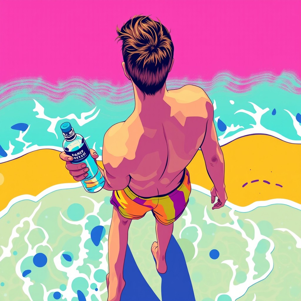 A vibrant 1980s retro poster style illustration of a man viewed from above, standing on the beach and holding a bottle of water