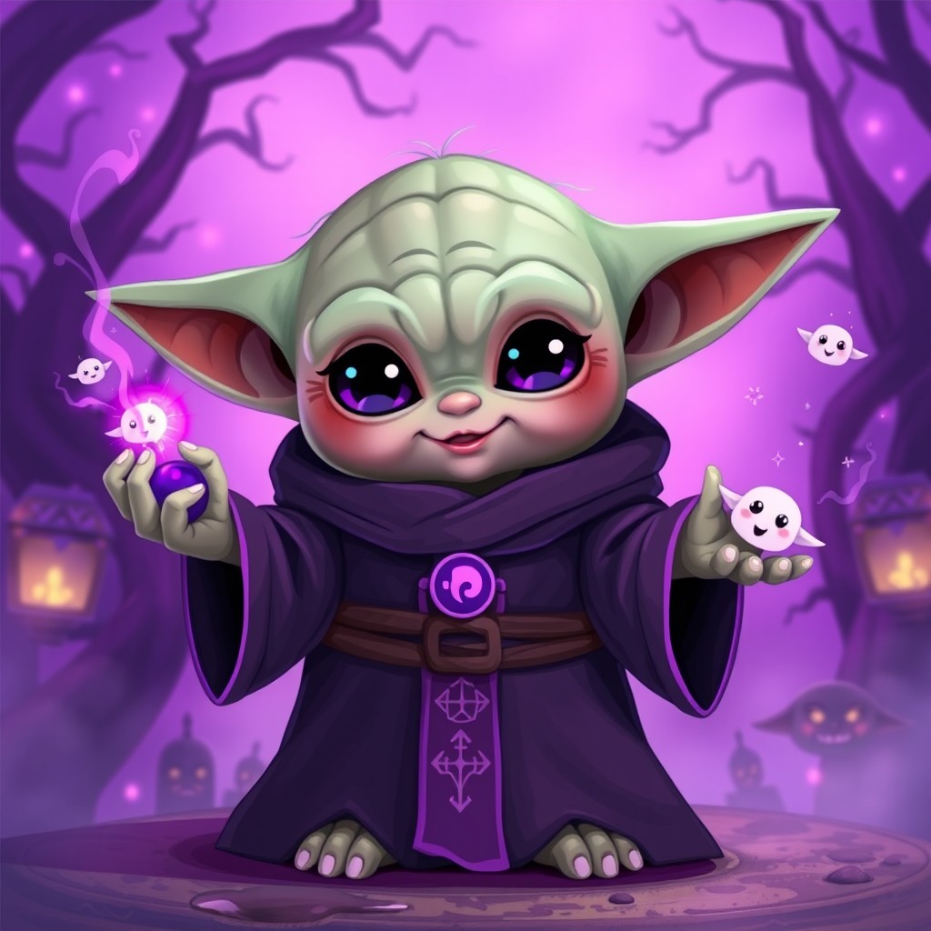 A cute digital art piece featuring Baby Yoda as a necromancer, with a vibrant purple color palette