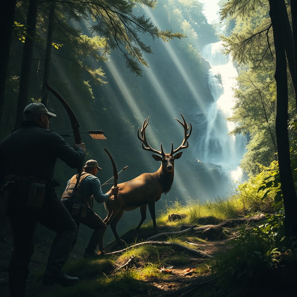 A dramatic scene featuring a group of men embarking on a traditional hunt in a dense forest
