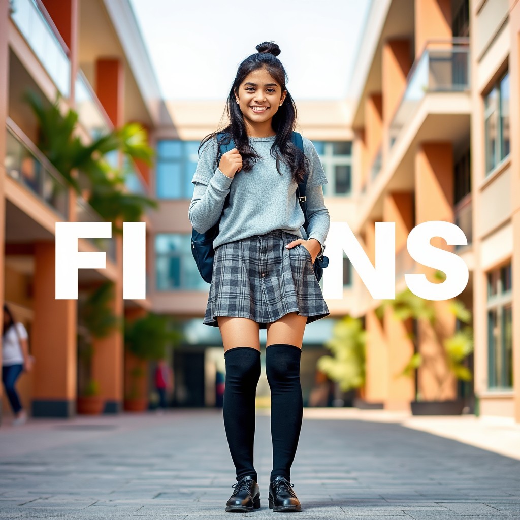 A 16-year-old Nepali college girl standing confidently, wearing a stylish mini skirt and knee-high socks paired with chic black shoes