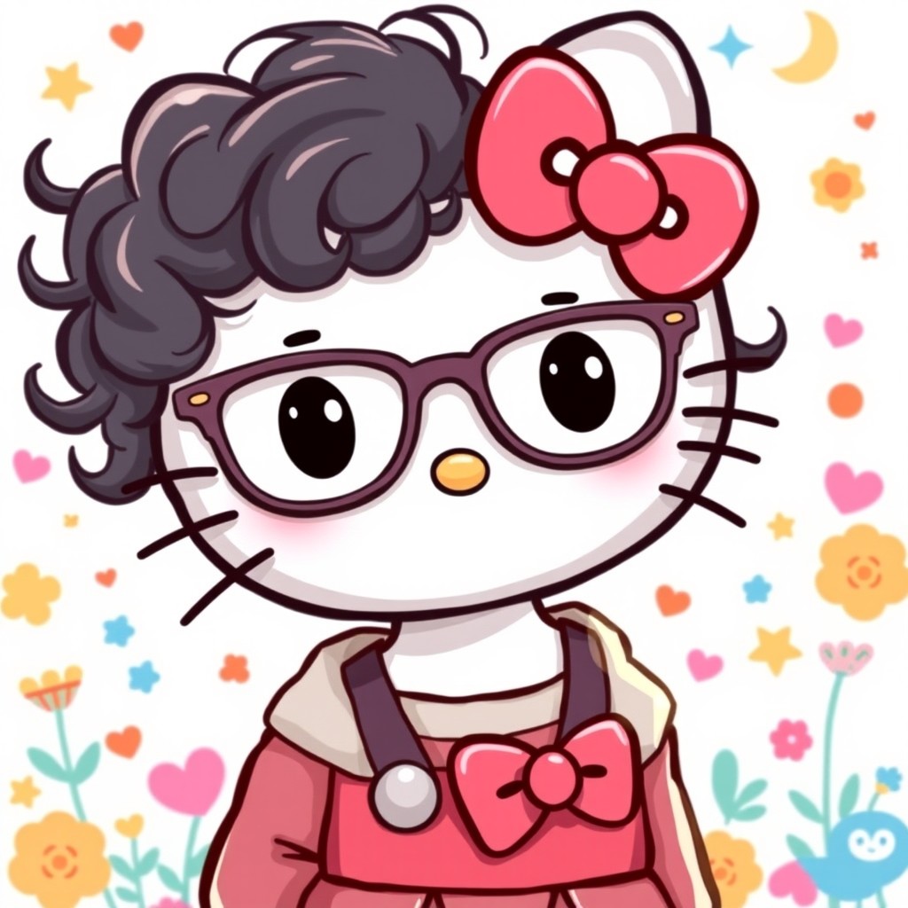 A charming illustration of Hello Kitty, the beloved character, wearing stylish glasses that add a touch of sophistication