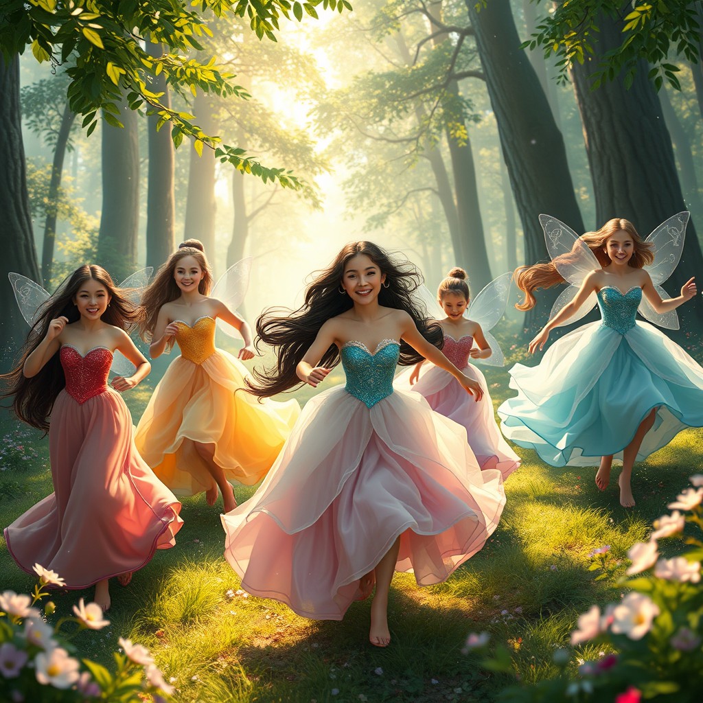 A beautiful fantasy scene depicting enchanting princesses, each wearing elegant and colorful gowns, gracefully running through a lush, vibrant forest