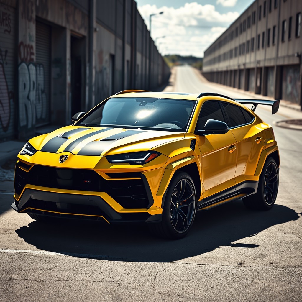 A Lamborghini Urus styled as a muscle car, featuring aggressive modifications like a wide body kit, large rear spoiler, and muscular hood vents
