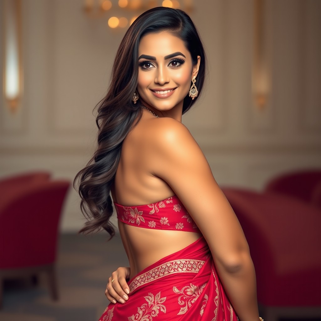 A stunning Arab woman with an alluring physique, confidently posing in beautiful traditional attire that enhances her curves