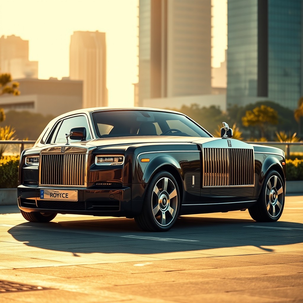 A stunning Rolls Royce Phantom, showcasing its iconic design with a sleek silhouette, luxurious leather interior, intricate detailing, and unmistakable Spirit of Ecstasy hood ornament