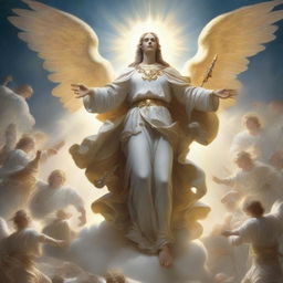 The divine figure of God, descending from the heavenly skies amidst a host of angels. They’re illuminated in ethereal light, arrayed for battle with gleaming armor and swords of pure energy.