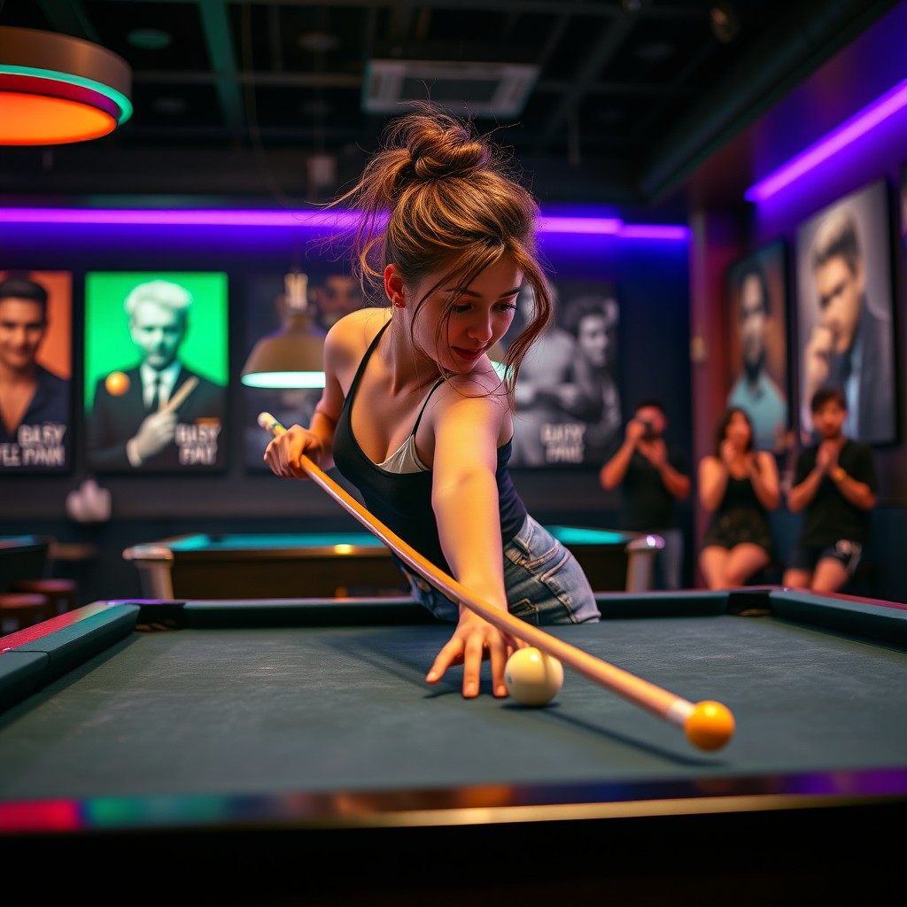 A skilled young woman playing billiards in a stylish, modern pool hall